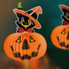 Kép 2/3 - Halloween-i tökös lampion - macskával - akasztható - 26 cm