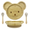 Kép 1/11 - Elite Home® mackó formájú bambusz tányér tapadókorongos talppal, gyermek étkezőkészlet szilikon fejű kanállal és villával, 3 db-os szett