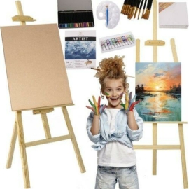 Festőkészlet gyerekeknek, festőállvánnyal, ecset-, festék- és ceruzakészlettel, palettával, 3db vászonnal