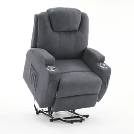 Felállást segítő relax elektromos fotelágy motoros mechanizmus szövet sötétszürke, pohártartóval