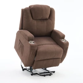 Felállást segítő relax elektromos fotelágy motoros mechanizmus szövet sötétbarna, pohártartóval, masszázzsal, fűtéssel