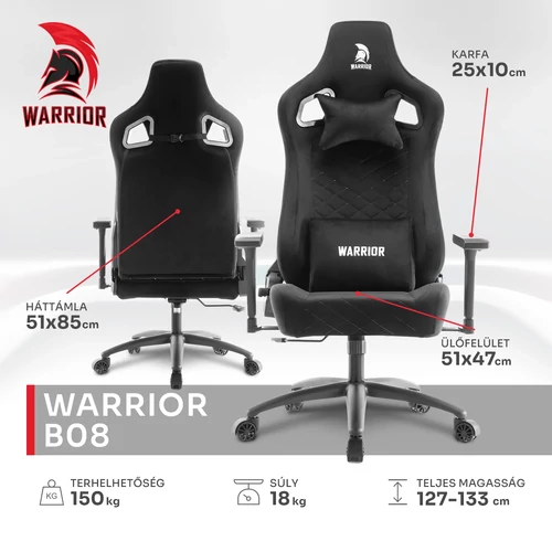 WARRIOR gamer szék, forgószék fekete - bársony (PREMIUM-B08)