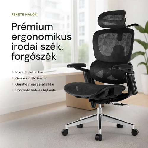 Prémium ergonomikus irodai szék, forgószék, fekete hálós (E05) 
