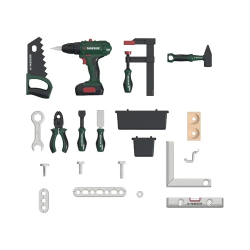 Lupilu műanyagból készült játék munkapad, szerelőasztal szerszámokkal és fúrógéppel, 77 részes