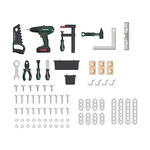 Lupilu műanyagból készült játék munkapad, szerelőasztal szerszámokkal és fúrógéppel, 77 részes