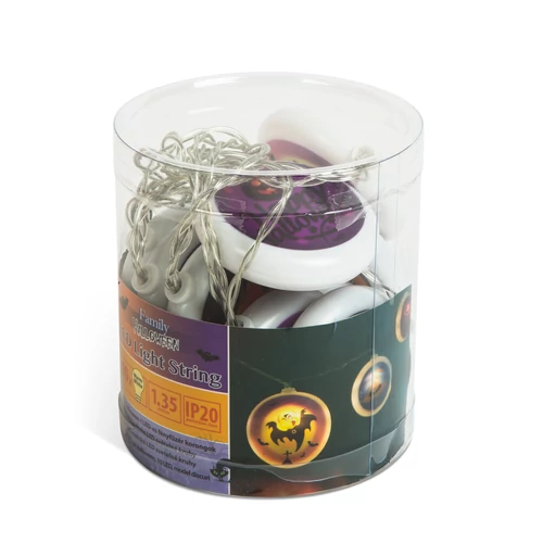Halloween-i LED-es fényfüzér korongok 1,35m 10 db led 4 féle mintás korong elemes