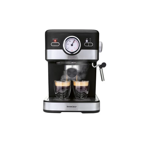 SilverCrest SEM 1100 C5 Eszpresszó 2 csészés presszó kávéfőző, fekete-ezüst, 1100 W