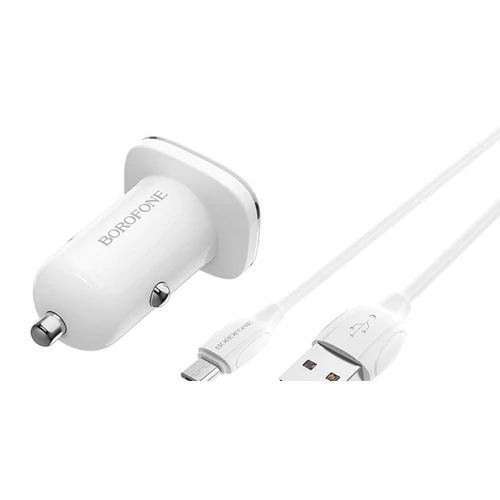 Borofone BZ12 Lasting Autós töltő, 2 x USB, 2.4A, Micro USB kábellel Fehér