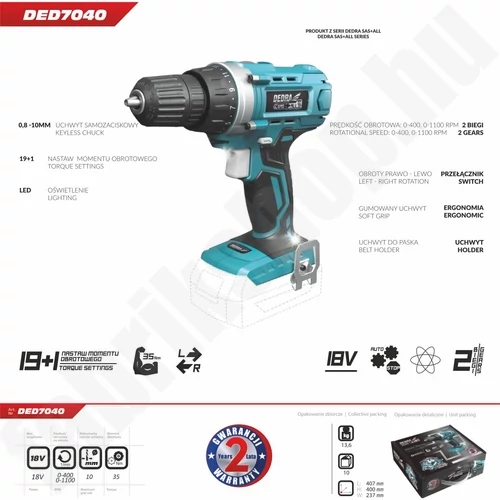 Dedra DED7040 akkumulátoros fúró-, csavarozó 18 V akkumulátor nélkül 