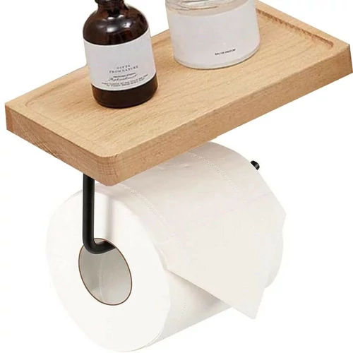 Elite Home® Függőleges WC papír tartó telefontartóval, bambusz + acél, matt fekete