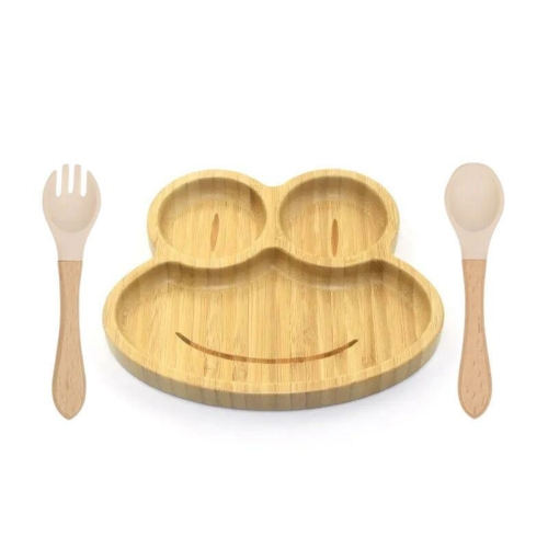 Elite Home® béka formájú bambusz tányér tapadókorongos talppal, gyermek étkezőkészlet szilikon fejű kanállal és villával, 3 db-os szett