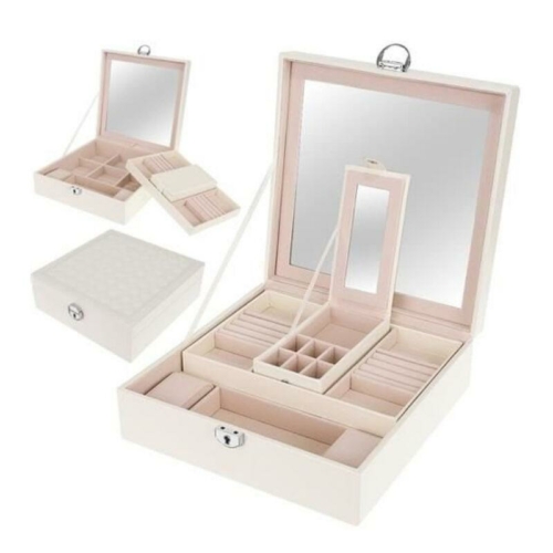 Exclusive megjelenésű ékszertároló doboz, 16 rekeszes, 2 szintes, dupla tükörrel, zárható, fehér színben