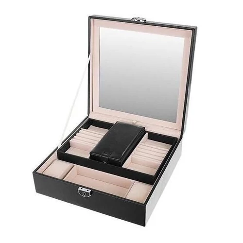 Exclusive megjelenésű ékszertároló doboz, 16 rekeszes, 2 szintes, dupla tükörrel, zárható, fekete színben