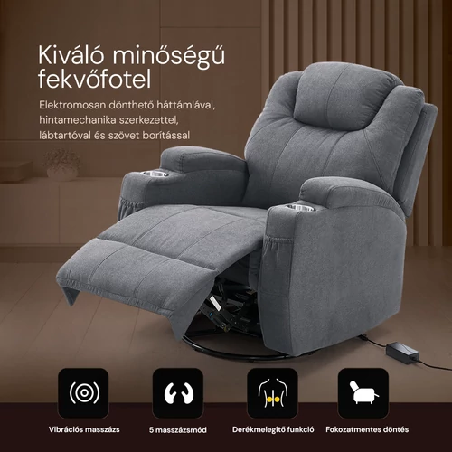Elektromos relax fotelágy 8 pontos masszázs magyar nyelvű távirányítóval, ringató és forgatható funkció rozsdamentes pohártartó Snowflake textil sötétszürke