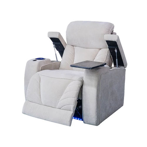 Luxus fekvőfotel, relax fotelágy elektromosan dönthető, lábtartóval, pohártartóval, világítással bézs textil