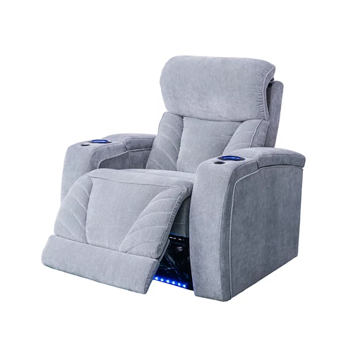Luxus fekvőfotel, relax fotelágy elektromosan dönthető, lábtartóval, pohártartóval, világítással szürke textil