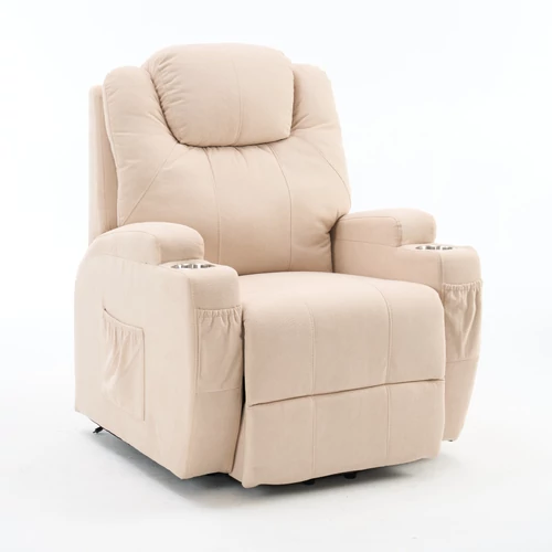 Felállást segítő relax elektromos fotelágy motoros mechanizmus szövet bézs, pohártartóval, masszázzsal, fűtéssel